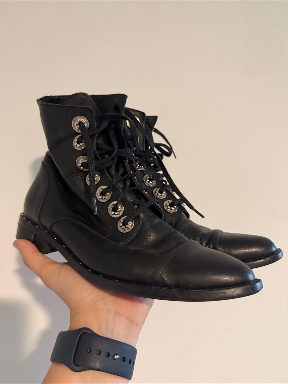 Freda Salvador Black Leather Lace-Up Combat Boots with Silver Eyelets